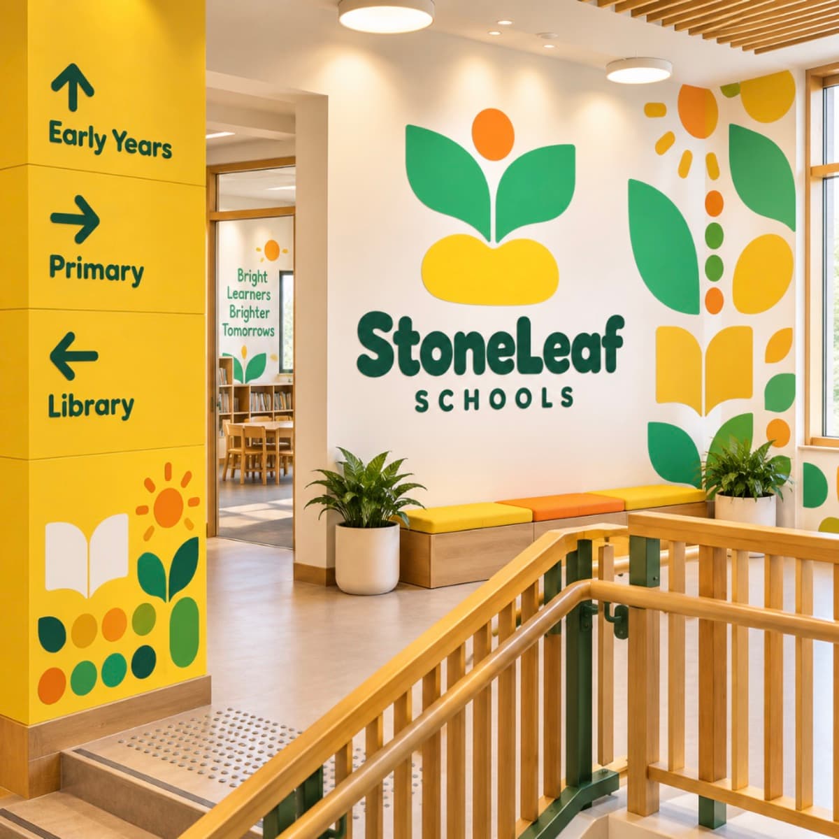 Inside a StoneLeaf campus — warm wood, soft light and pattern walls